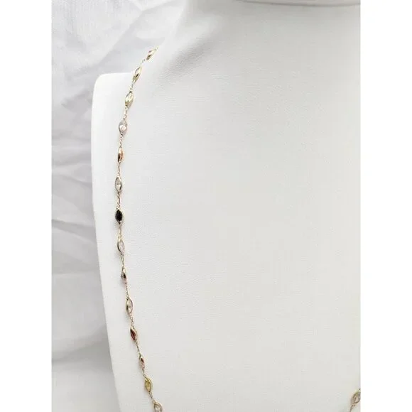 Unique 14K Solid Yellow Gold Multi Colored Gemstone Link Chain Necklace - 24" L